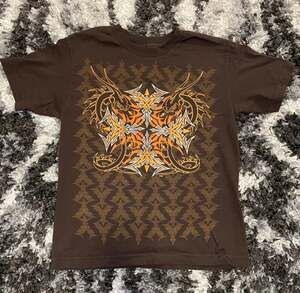 Vintage Archaic Brown Cyber Grunge Y2K Dragon Cross Graphic T-Shirt